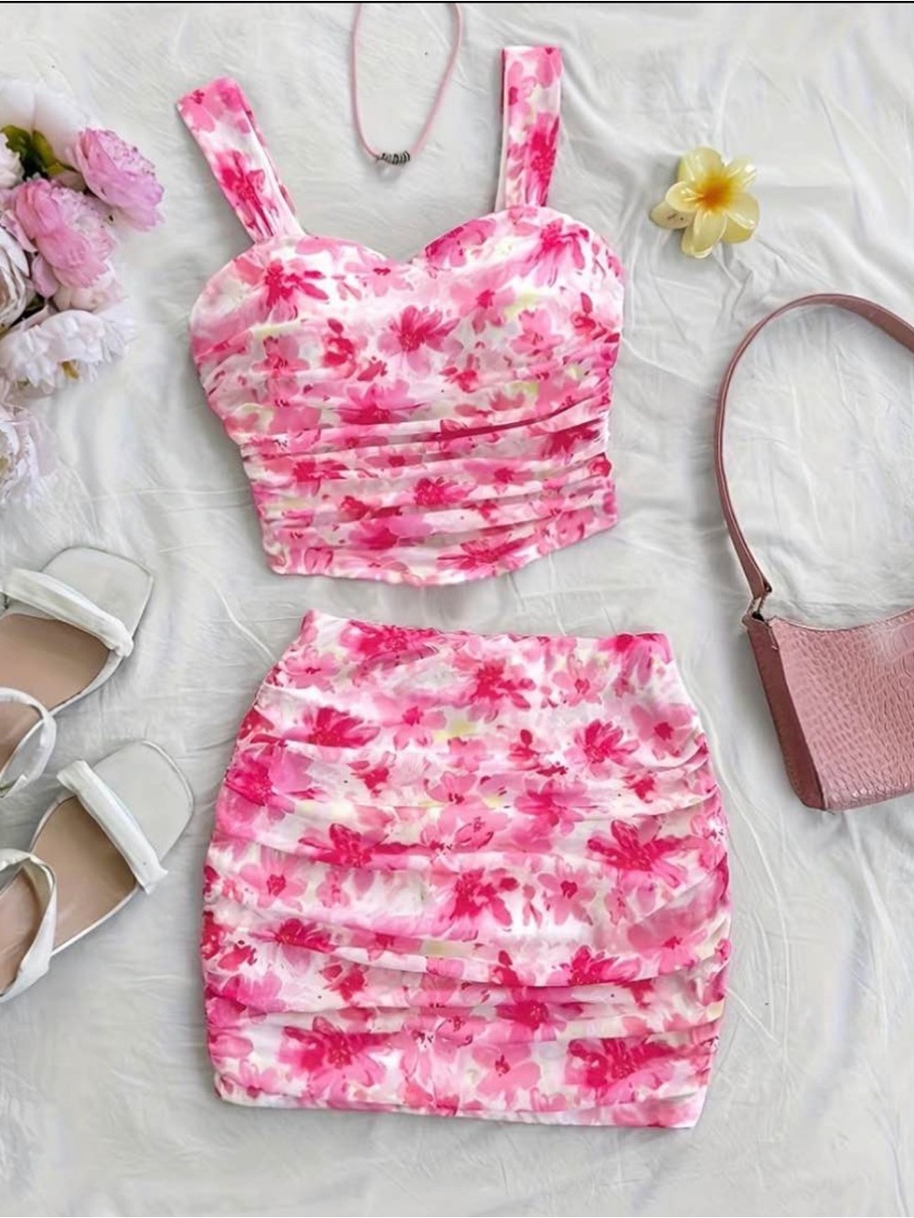 Pink Floral Two-Piece Crop Top & Mini Skirt Set - Picture 2 of 3